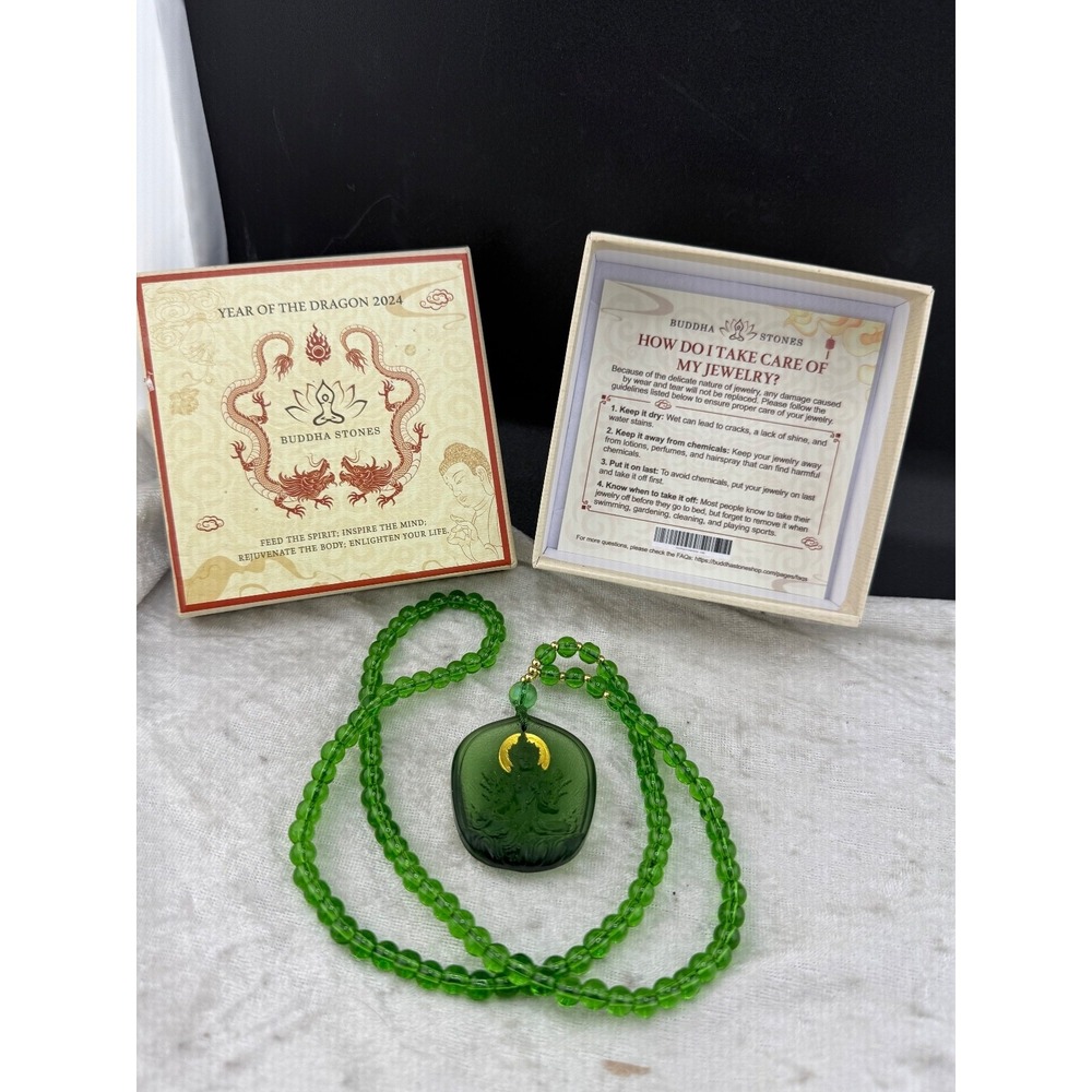 Vintage Buddha Stones Necklace Green Glass Dragon Pendant Beaded 26in